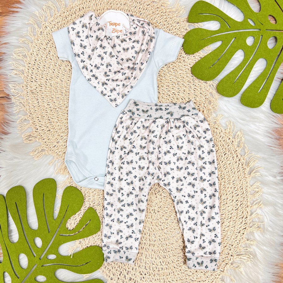 Conj. Body Manga Curta, Babador Bandana e Calça Borboletas - Cor Gelo e Areia